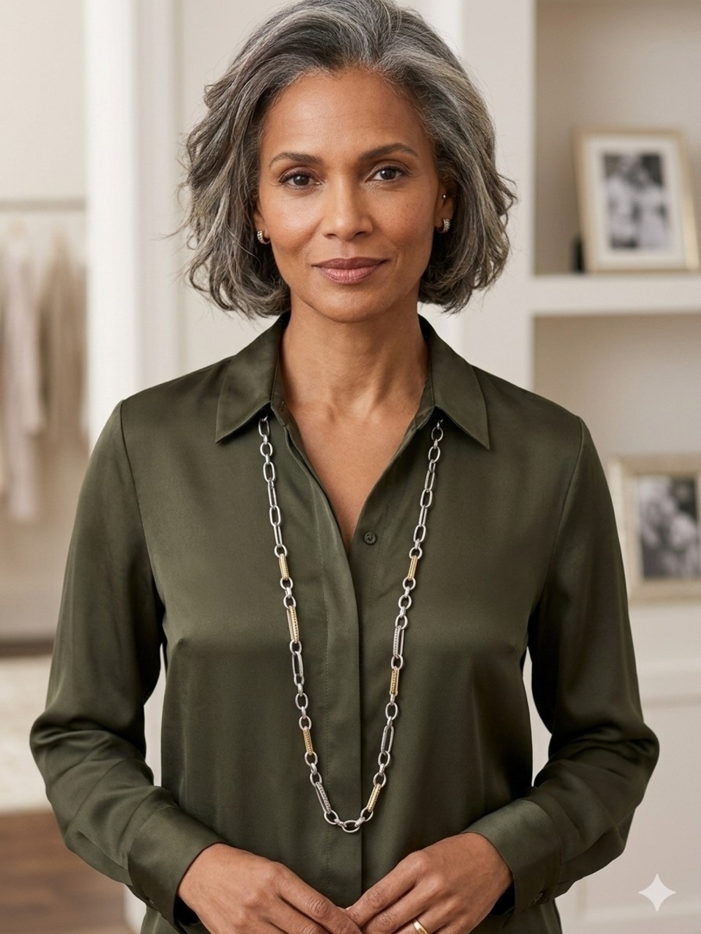 Chico's Two-Tone Oval Link & Textured Bar Statement Long Necklace